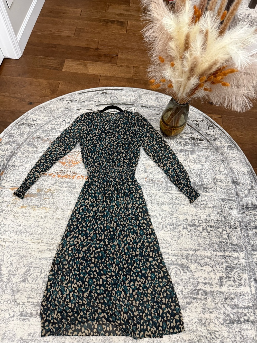 Tommy Hilfiger Teal and Beige Leopard Print Long Sleeve Midi Dress